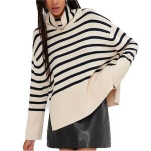 Gap Oversized Striped Turtleneck Sweater Medium Ecru Navy Split Hem 100% Cotton